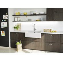 Küchenspüle mit Armatur, Unterschränken, Arbeitsplatte, Regalen und Dekoration