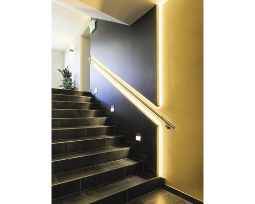 Cage d'escalier avec escalier, rampe et éclairage