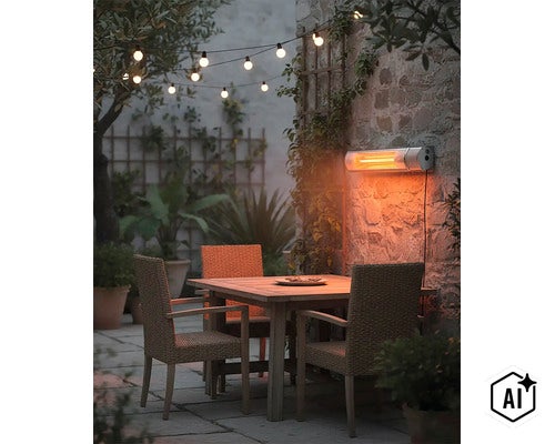 Aménagement de terrasse avec chauffage électrique monté sur un mur en pierre et espace repas confortable éclairé par une guirlande lumineuse. (Image AI modified or generated)