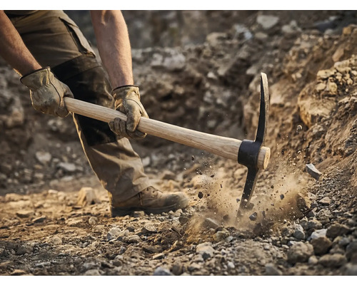 Mann benutzt Spitzhacke zum Graben im Boden