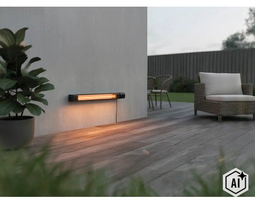 Un radiateur infrarouge moderne est monté sur un mur clair et crée une atmosphère chaleureuse sur une terrasse en bois. (Image AI modified or generated)