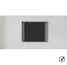 Flacher Elektroheizkörper mit rechteckigem Design und Frontgitter zur Wandmontage vor einer Ziegelwand (Image AI modified or generated)