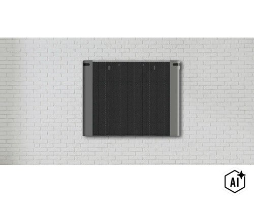 Flacher Elektroheizkörper mit rechteckigem Design und Frontgitter zur Wandmontage vor einer Ziegelwand (Image AI modified or generated)
