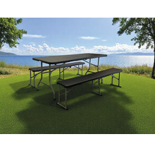 Picknicktischgruppe mit Tisch und zwei Bänken auf grünem Untergrund vor einem See
