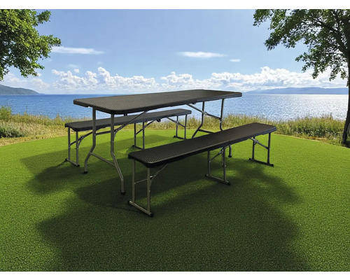 Picknicktischgruppe mit Tisch und zwei Bänken auf grünem Untergrund vor einem See