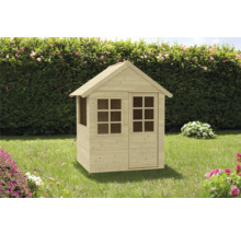 Holzspielhaus mit Tür und Fenster im Garten