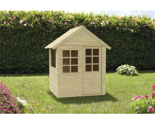 Holzspielhaus mit Tür und Fenster im Garten