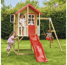Kinderspielhaus aus Holz mit Rutsche und Schaukel im Garten