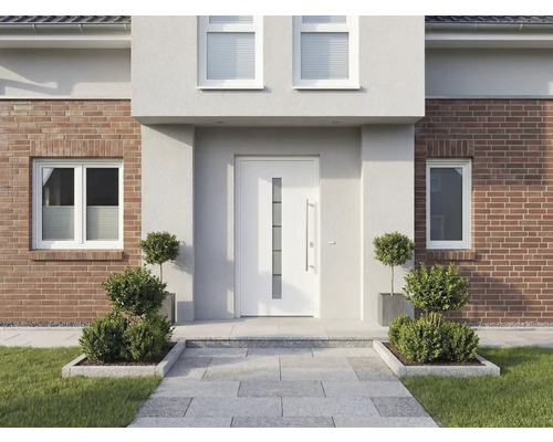 Façade de maison avec porte d'entrée, fenêtres et entrée pavée