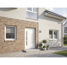 Aussenansicht eines Hauses mit Eingangstür und Fenstern