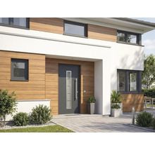 Extérieur d'une maison moderne avec porte d'entrée, fenêtres et revêtement en bois