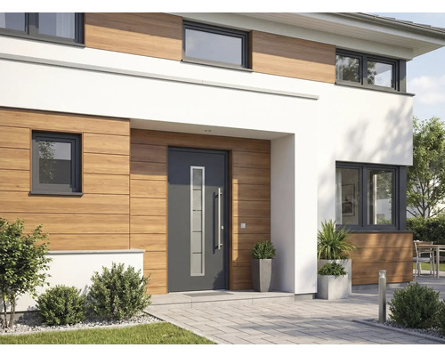 Extérieur d'une maison moderne avec porte d'entrée, fenêtres et revêtement en bois