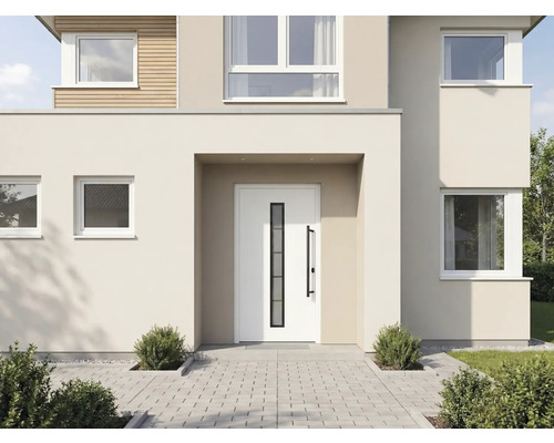 Maison moderne avec porte d'entrée et chemin pavé