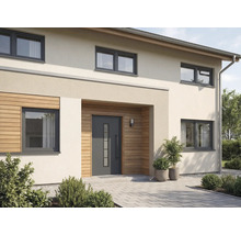 Façade de maison avec porte d'entrée, fenêtres et espace extérieur