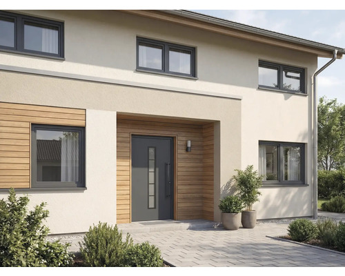 Façade de maison avec porte d'entrée, fenêtres et espace extérieur