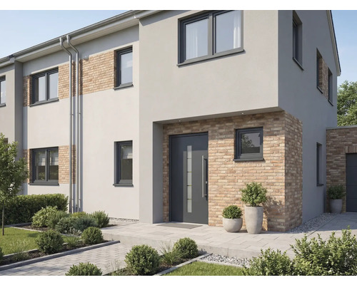 Maison moderne avec porte d'entrée, fenêtres et façade grises avec éléments en briques