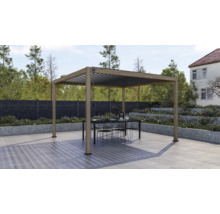 Pergola avec toit à lamelles et table de terrasse avec chaises sur une terrasse