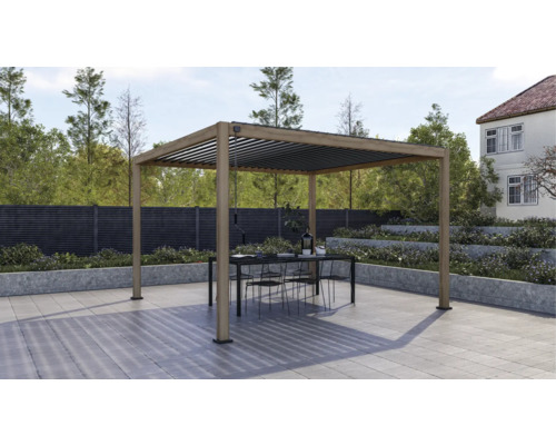 Pergola avec toit à lamelles et table de terrasse avec chaises sur une terrasse