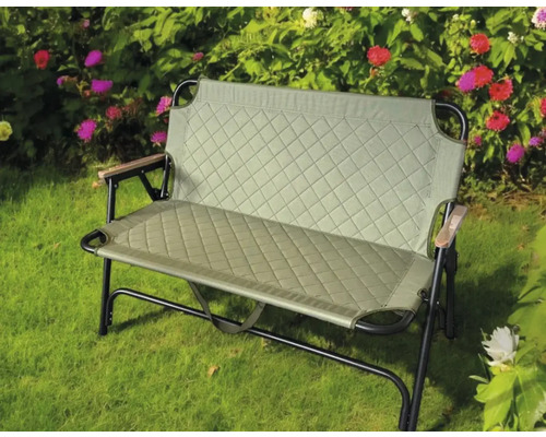 Gepolsterte Gartenbank für zwei Personen mit Metallrahmen und Armlehnen aus Holz