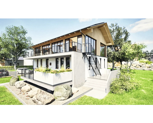 Modernes zweistöckiges Haus mit Balkonen, Treppe und gepflegtem Garten