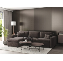 Modernes Wohnzimmer mit dunklem Ecksofa, runden Couchtischen und Wandpaneelen mit vertikalen Lamellen.