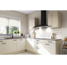 Cuisine lumineuse avec évier, hotte et placards suspendus pour un espace organisé.