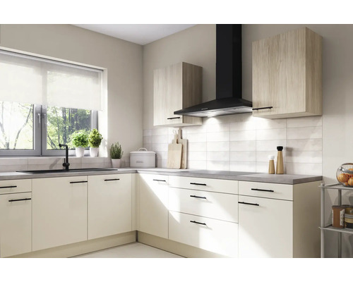 Cuisine lumineuse avec évier, hotte et placards suspendus pour un espace organisé.