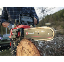 Einhell Kettensäge beim Sägen eines Baumstamms