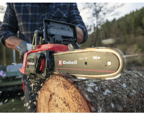 Einhell Kettensäge beim Sägen eines Baumstamms