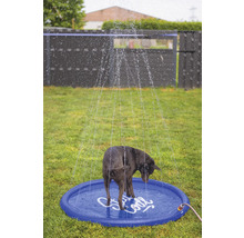 Un chien se tient dans une pataugeoire bleue arrosée d'eau, dans le jardin.