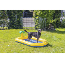 Chien debout dans une piscine gonflable pour chiens dans le jardin.