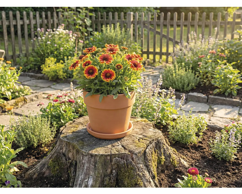 Pot de fleurs en terre cuite avec des soucis sur une souche d'arbre dans un jardin.
