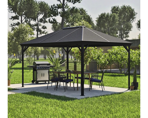 Scène de jardin avec pavillon, barbecue, table de jardin et chaises sur une pelouse