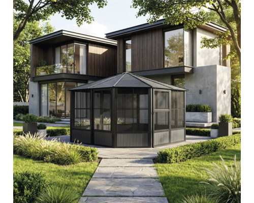 Pavillon de jardin devant une maison moderne avec jardin