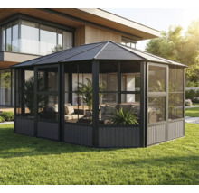 Gartenpavillon mit Glasschiebewänden und Möbeln auf einer Rasenfläche