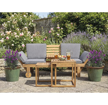 Scène de jardin avec banc en bois, table et pots de fleurs