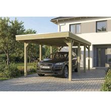 Carport aus Holz mit Auto auf einer Einfahrt