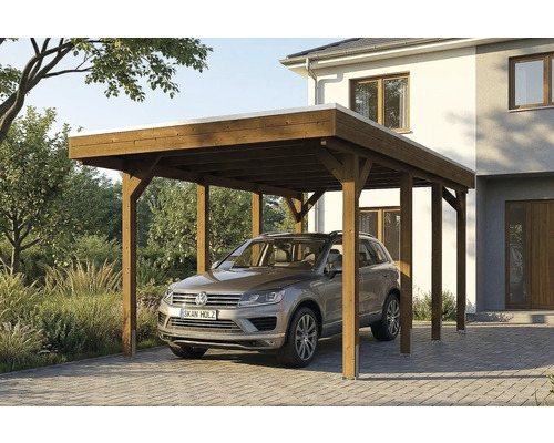 Carport en bois avec voiture devant