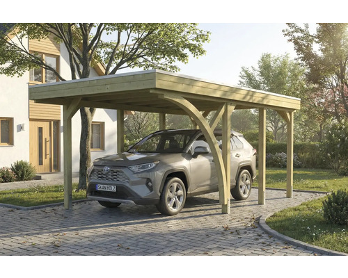 Ein Auto steht unter einem Holz Carport auf einer gepflasterten Auffahrt.