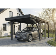 Une voiture sous un abri de voiture en bois.