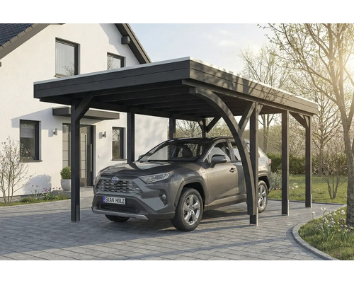 Une voiture sous un abri de voiture en bois.