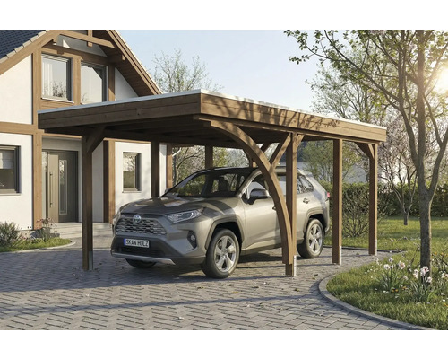 Auto unter einem Carport aus Holz vor einem Haus.