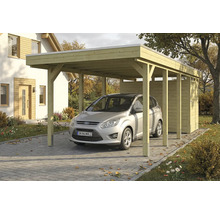 Voiture sous un carport en bois avec remise