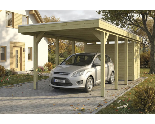 Voiture sous un carport en bois avec remise