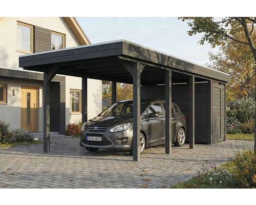 Voiture sous un abri de voiture avec remise à outils sur un terrain