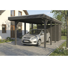 Carport en bois avec remise à outils et voiture