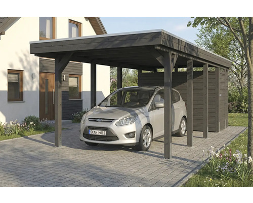 Carport en bois avec remise à outils et voiture