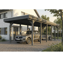 Carport en bois avec voiture et remorque