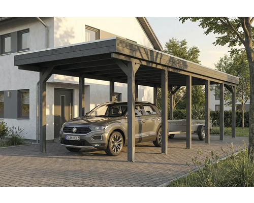 Carport en bois avec voiture et remorque