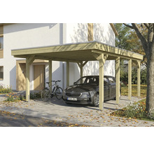 Un carport en bois avec une voiture et un vélo en dessous.